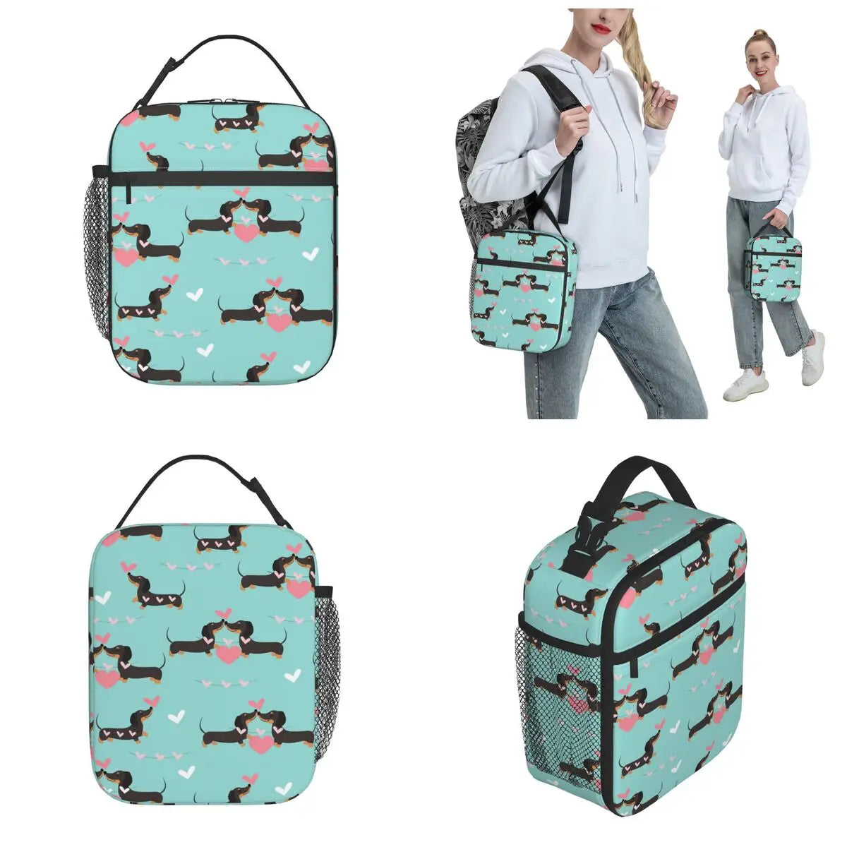 Dachshund Dogs In Love And Hearts Insulated Lunch Bags