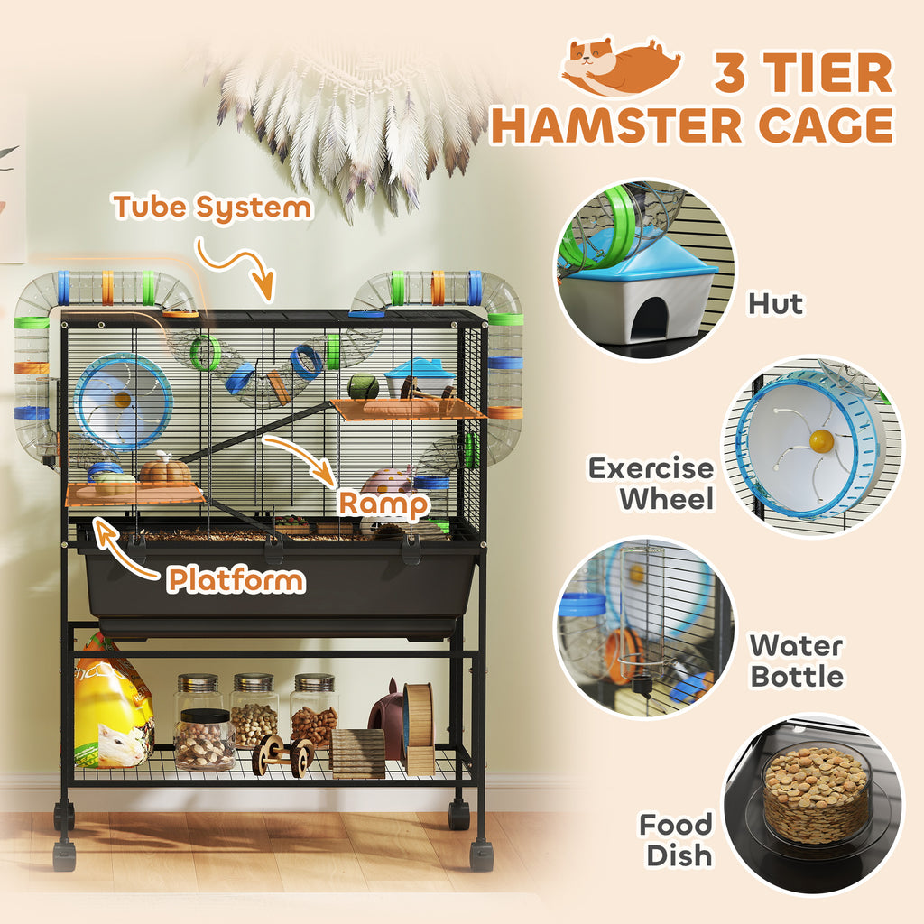 Hamster Cage Big Exercise Wheel, Hut, Tube System, 3 Tier