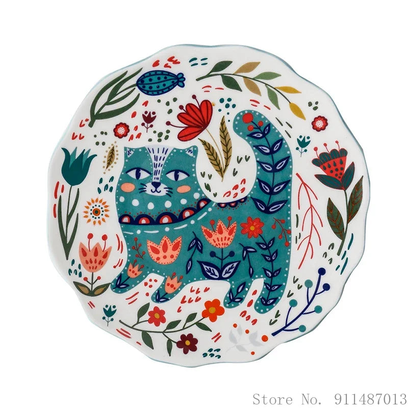 Ceramic 8 Inch Round Dishes, Cat Patterned
