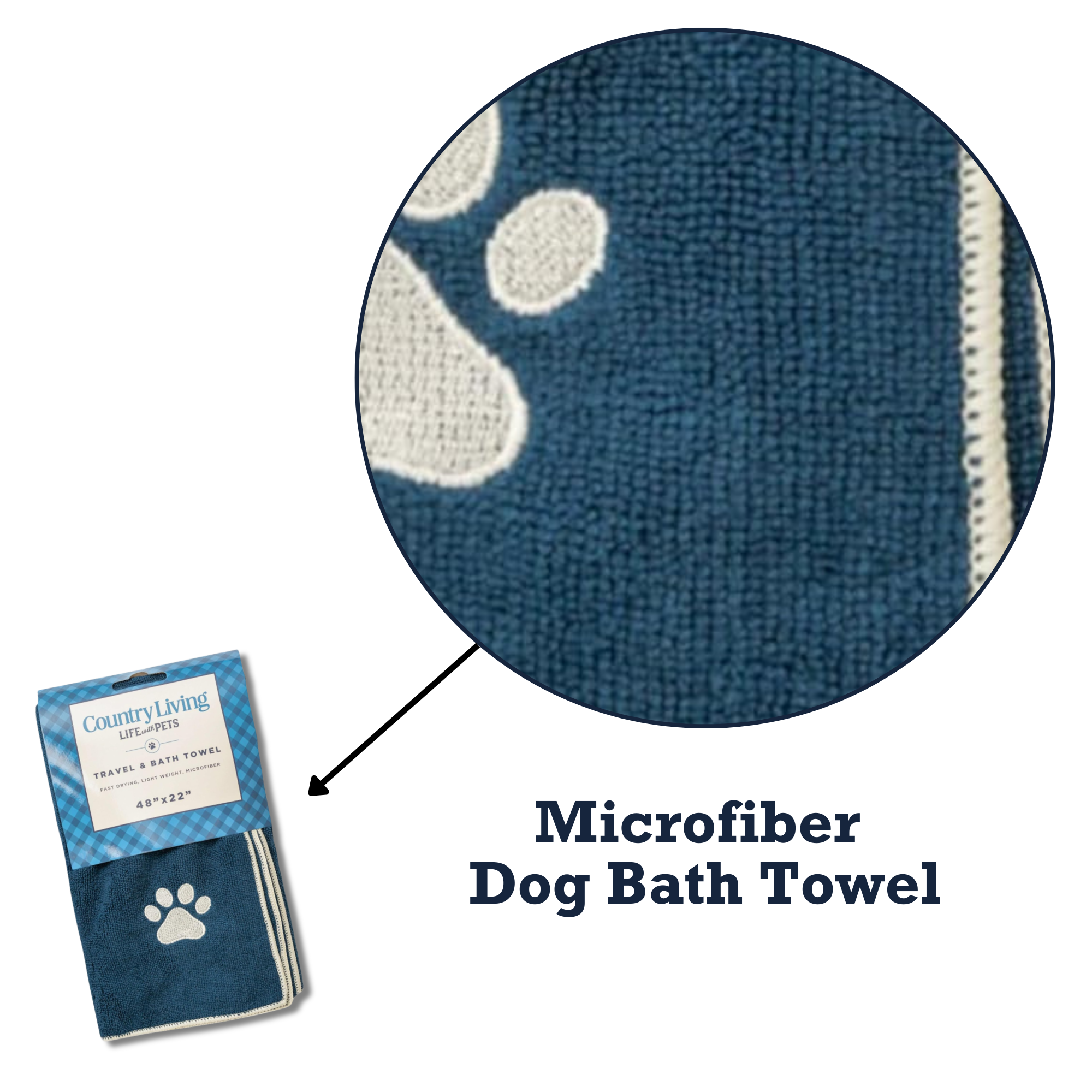 Country Living Large Marine Blue Microfiber Dog Bath Towel with Embroidered Paw Print
