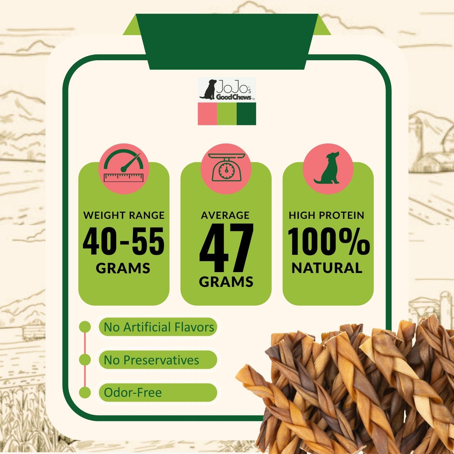 All-Natural Braided Collagen Stick Dog Treats, Supports Joint, Skin & Coat Health – 6-Inch Standard (25/case)