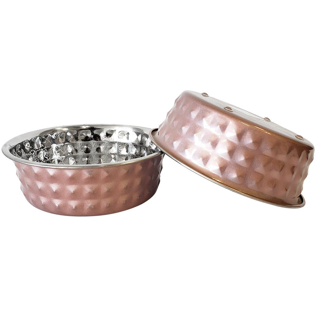 Country Living Set of 2 Hammered Stainless Steel Dog Bowls – Ideal for Extra Large Breeds – Rose Quartz/64oz