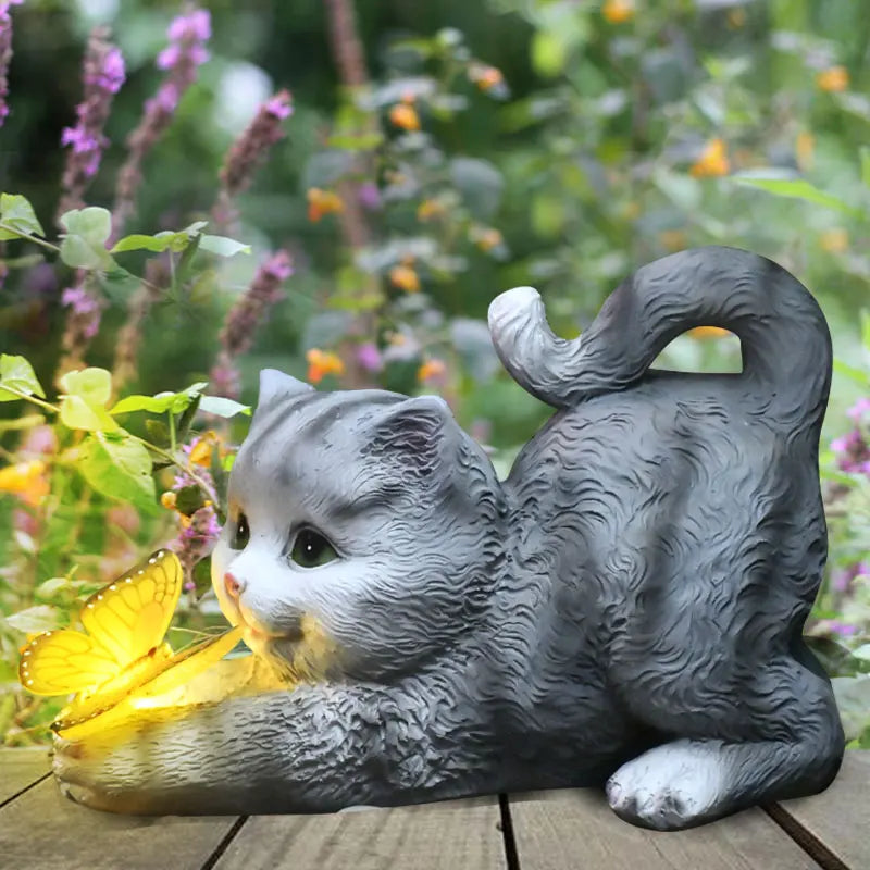 Solar Light Butterfly And Cat Resin Outdoor Sculpture