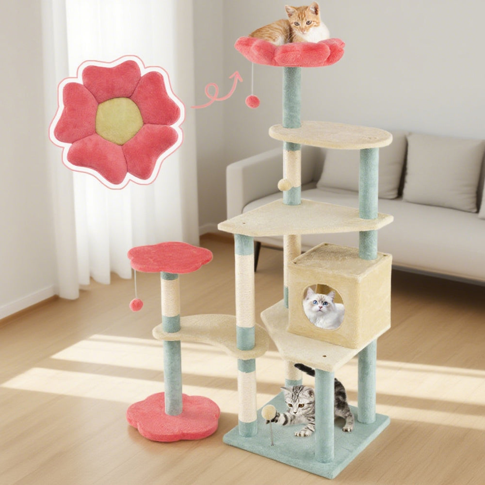 61 Inch Multi-Level Aesthetic Floral Cat Tower with Flower-Shaped Padded Perch