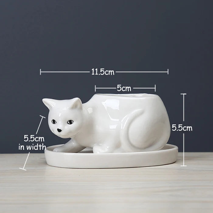 White Ceramic Cat Flower Pot with Tray