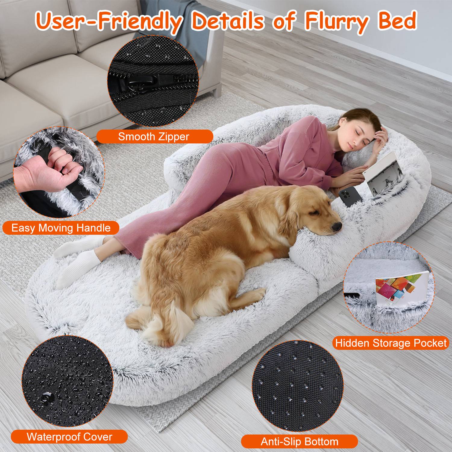 1Pc Large Foldable Human Size Dog Bed With Pillow Blanket, Washable, Zipper Removable Cover For Pets Grey 71x45x10in