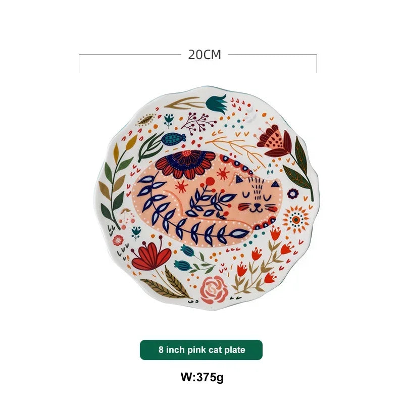 Ceramic 8 Inch Round Dishes, Cat Patterned