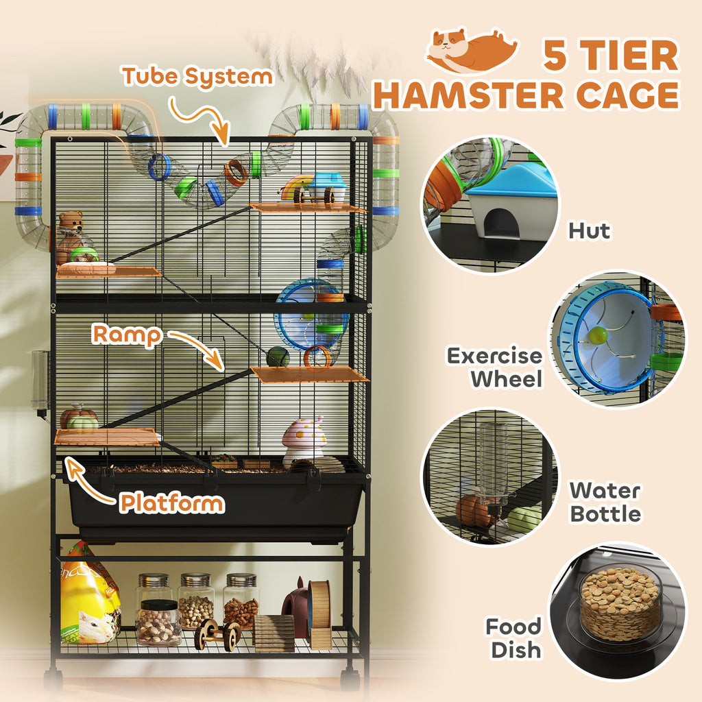 5 Tier Rolling Hamster Cage with Deep Tray, Storage Shelf, Big Exercise Wheel, Hut, Tube System