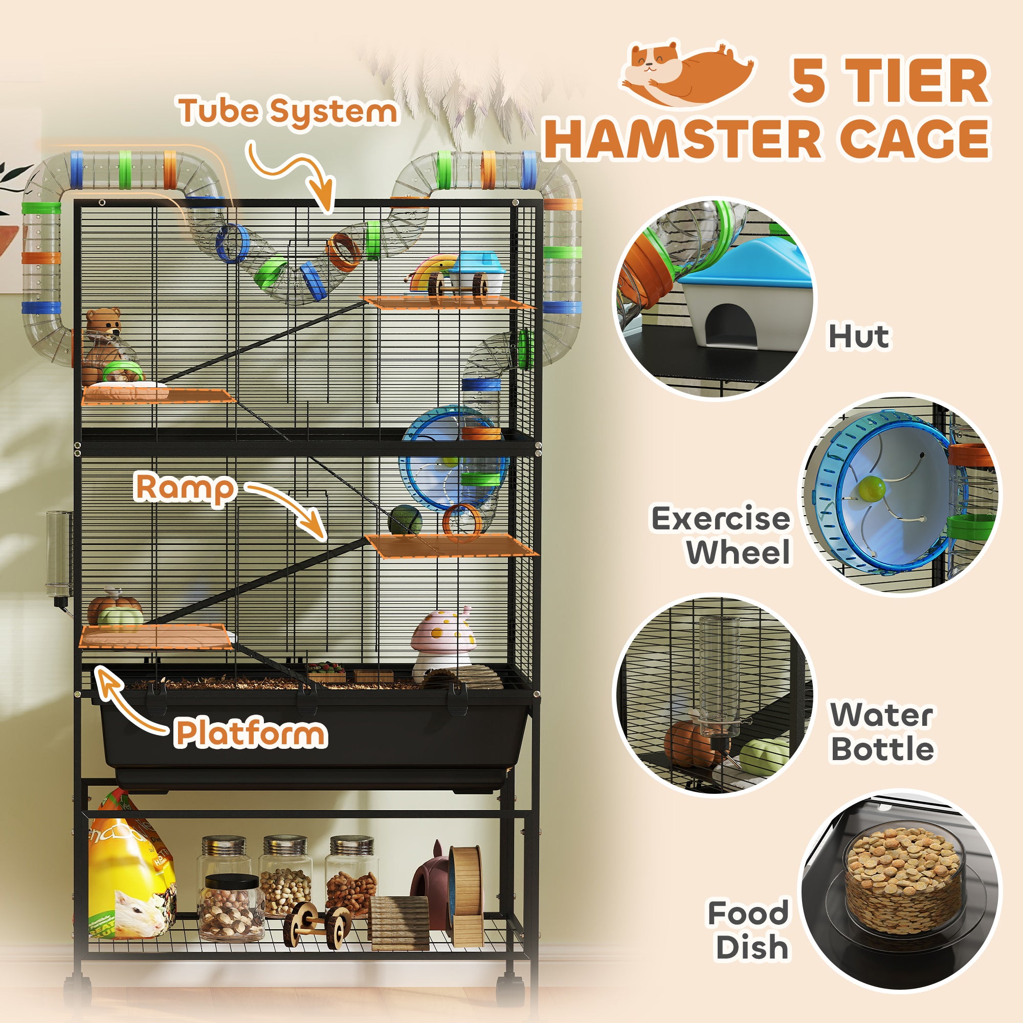 5 Tier Rolling Hamster Cage with Deep Tray, Storage Shelf, Big Exercise Wheel, Hut, Tube System