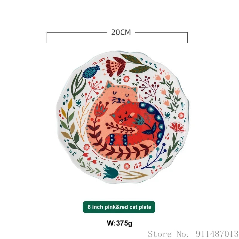 Ceramic 8 Inch Round Dishes, Cat Patterned