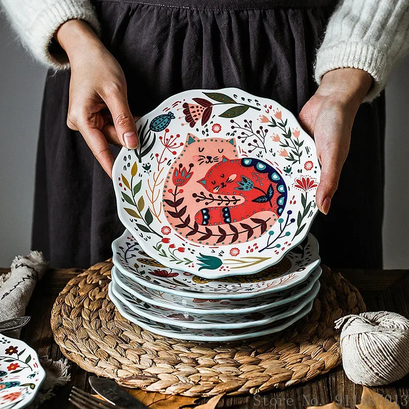 Ceramic 8 Inch Round Dishes, Cat Patterned