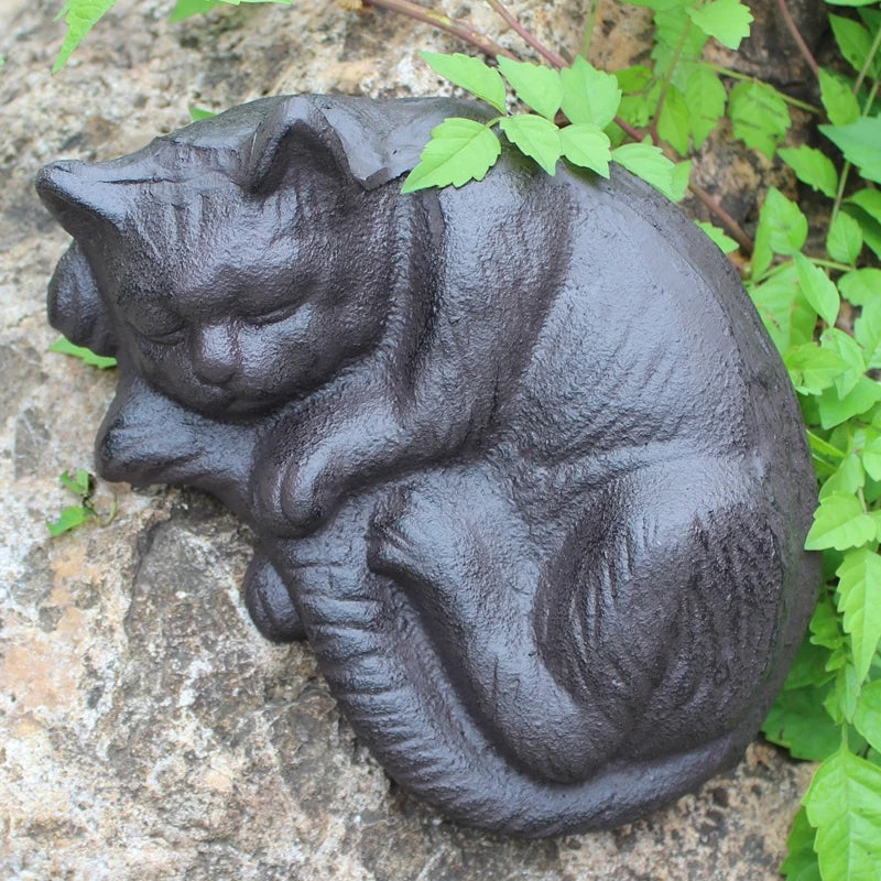 Antique Black Cast Iron Sleeping Cat Statue