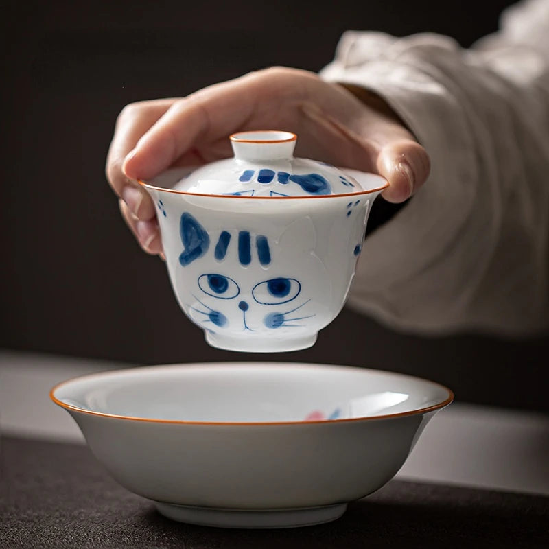 Hand-painted Blue Cat Ceramic Bowl and Tea Set