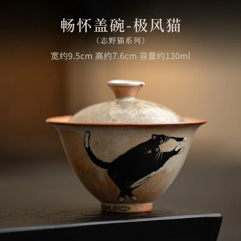 Handmade Wood-fired Porcelain Cat Pottery Tea Maker, Cover Bowl