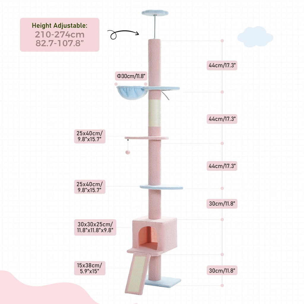 Adjustable 210-274CM Floor to Ceiling Cat Tower 5 Tiers