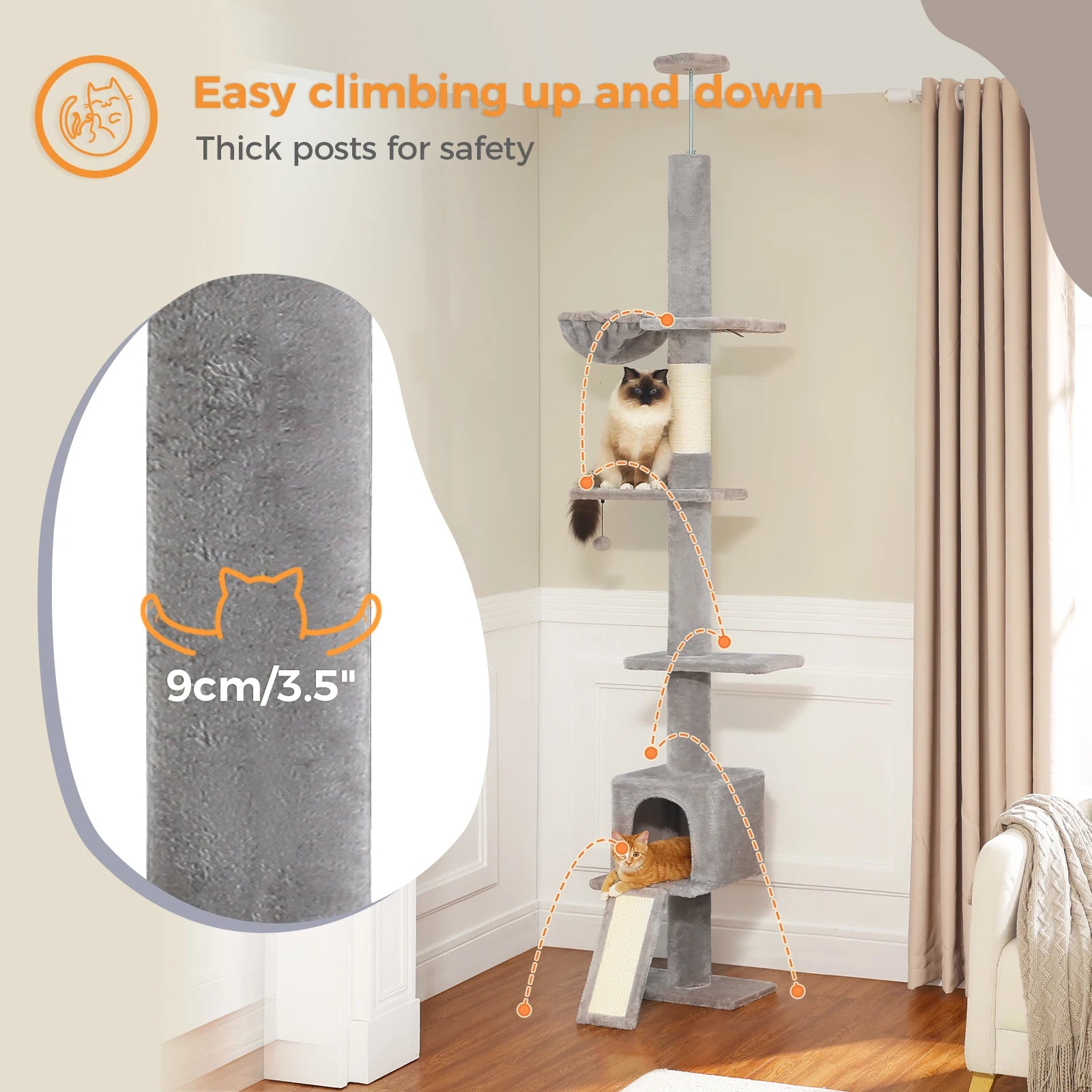 Adjustable 210-274CM Floor to Ceiling Cat Tower 5 Tiers