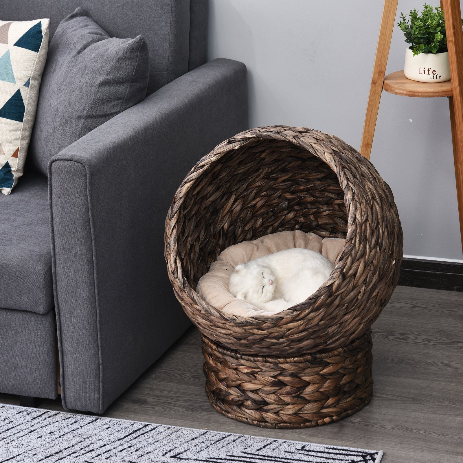 Handmade Wicker Elevated Cat Bed With Cushion Dark Brown For Kittens