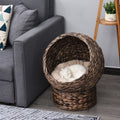 Handmade Wicker Elevated Cat Bed With Cushion Dark Brown For Kittens