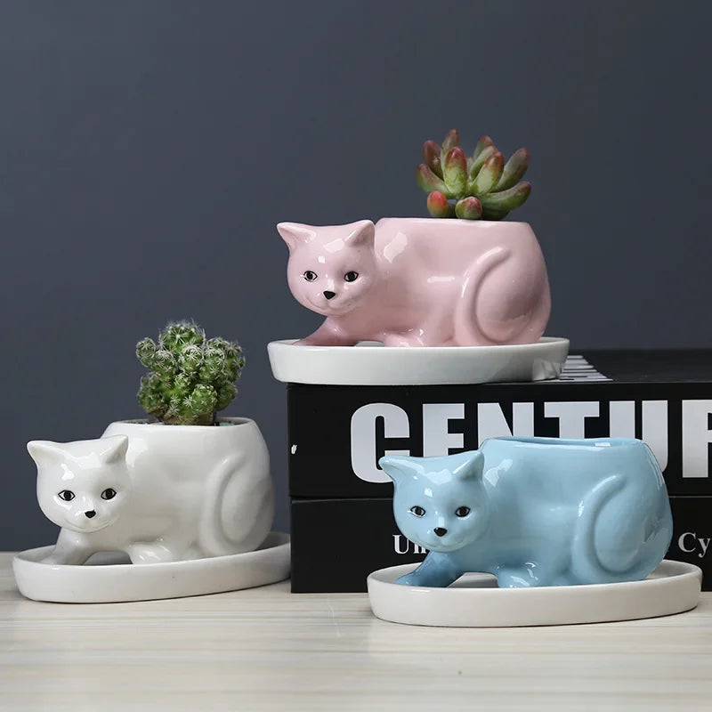 White Ceramic Cat Flower Pot with Tray