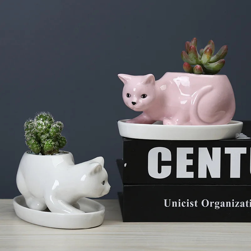 White Ceramic Cat Flower Pot with Tray