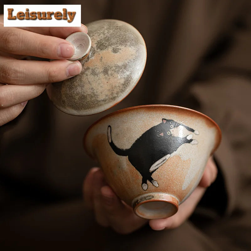 Handmade Wood-fired Porcelain Cat Pottery Tea Maker, Cover Bowl