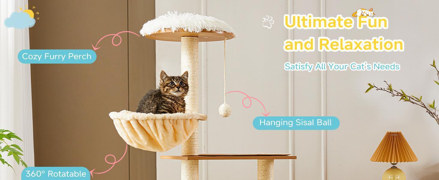 Solid Wood Cat Tree And Tower With Litter Box, Cat Scratching Board And Hammock